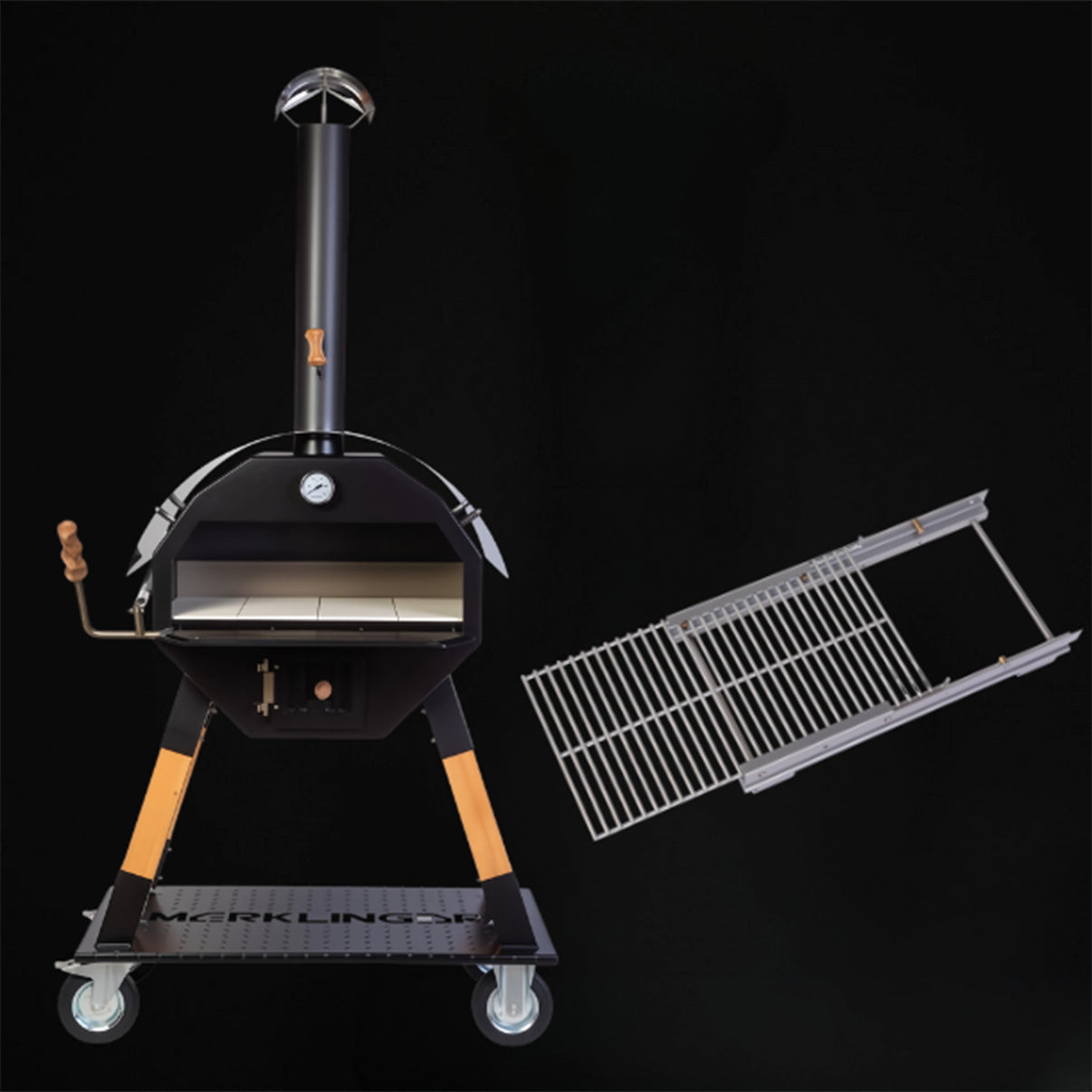 Merklinger 800 Holzbackofen im Winterpaket mit Abstandsrost, Frontansicht auf fahrbarem Untergestell