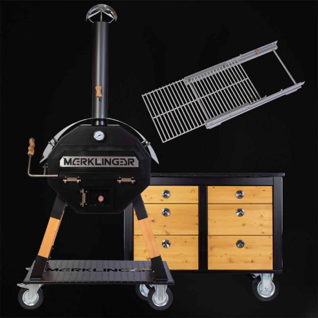 Komplette Merklinger Outdoorküche im Winterpaket mit Holzbackofen, Unterschrank und Abstandsrost