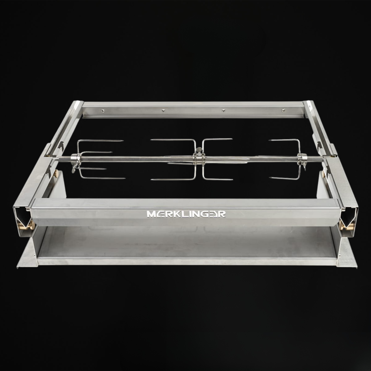 Merklinger Rotisserie aus Edelstahl für gleichmäßiges Grillen und Braten im Holzbackofen